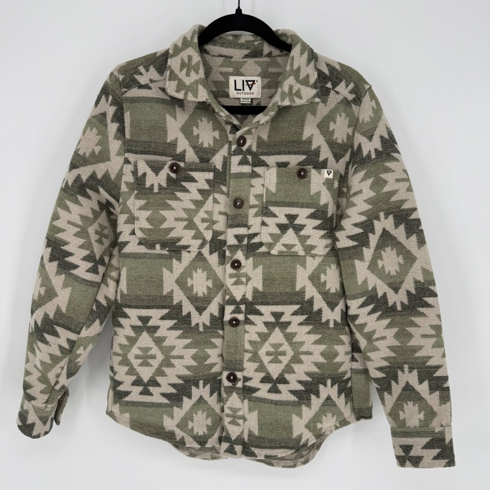 LIV OUTDOOR AZTEC‎ PRINT SHACKET BUTTON DOWN GREEN CREAM SMALL